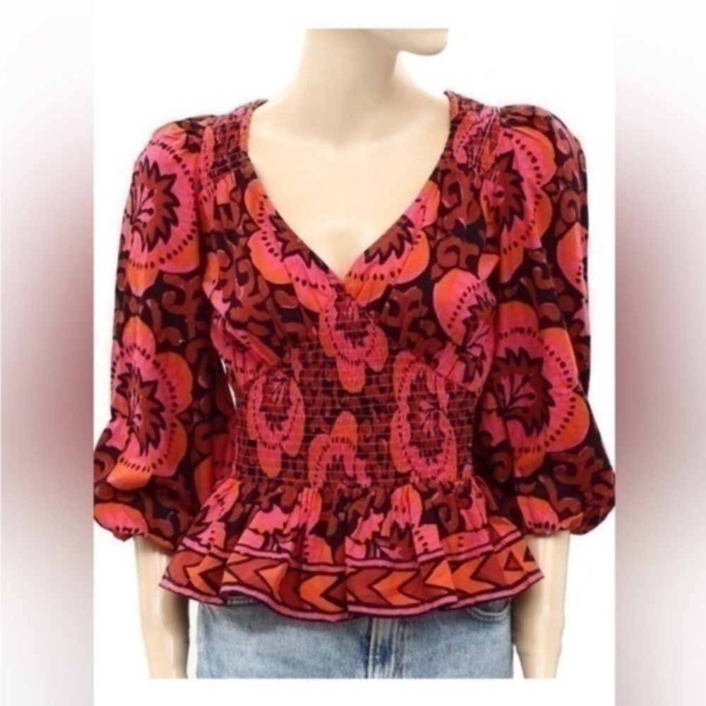 House of Harlow 1960 Blouse Smocked Floral Printed Top